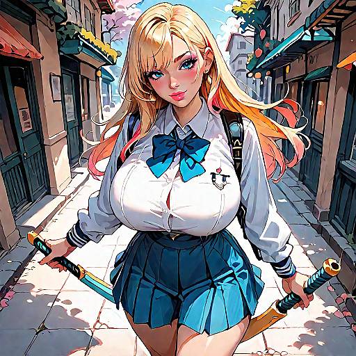 Digital anime-style drawing of a blonde schoolgirl with large breasts, blue bow tie, pleated skirt, holding swords, walking down a sunlit urban