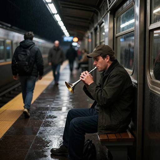 Rain-Slicked Subway Musician at Night