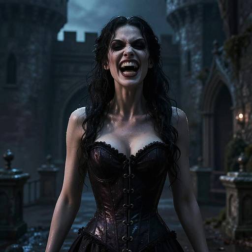 Psychotic Woman in Dark Corset at Castle