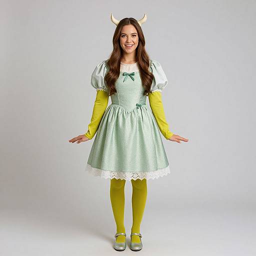 Photograph of a smiling woman with long brown hair, wearing a mint green dress, yellow sleeves, yellow stockings, horn headband, and grey shoes