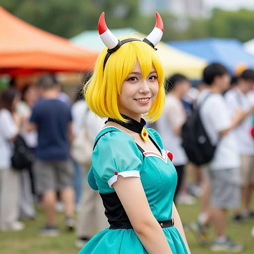 Photograph of a smiling Asian woman with yellow bob wig, red and white horns, turquoise cosplay dress, at a blurred outdoor event.