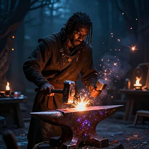 Photograph of an African blacksmith with dreadlocks, wearing a leather apron, hammering hot metal on an anvil, surrounded by glowing em