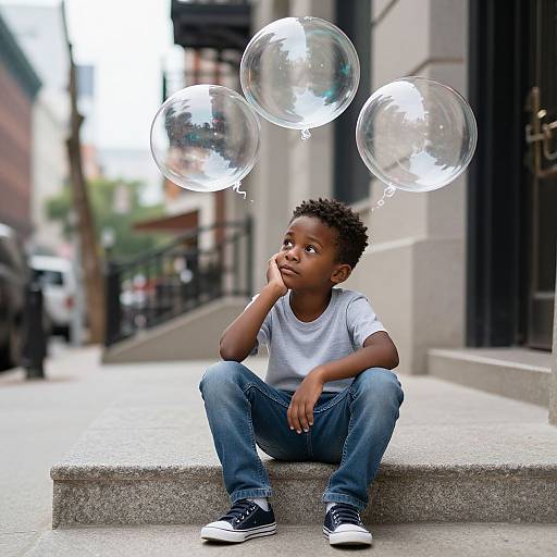 Urban Kid Daydreaming with Thought Bubbles