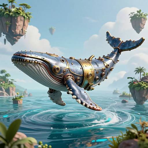 Digital artwork of a steampunk, metallic whale with gold accents, hovering above a turquoise ocean with floating islands and lush greenery.