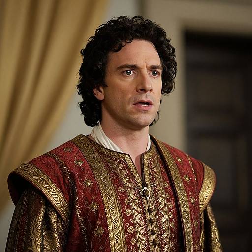 Photograph of a Caucasian man with curly black hair, wearing an ornate red and gold Renaissance-style shirt, looking slightly concerned. Background includes a blurred