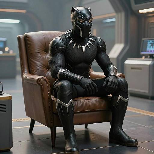 Photorealistic CGI of a muscular, black armored Batman sitting on a brown leather chair in a futuristic, dimly lit room.