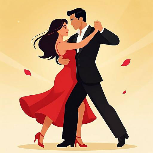 Digital illustration of a dancing couple in formal attire; the woman in a red dress and red heels, the man in a black suit, against a yellow