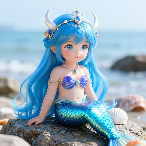 Photorealistic CGI of a blue-haired, blue-eyed mermaid with horns, purple seashell top, and green scales, sitting on a rocky