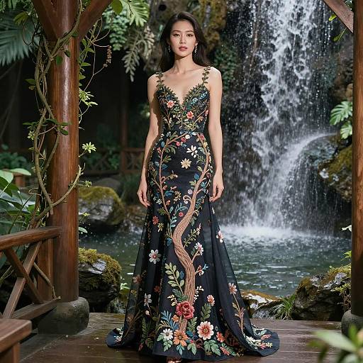 Elegant Woman in Embroidered Gown by Waterfall