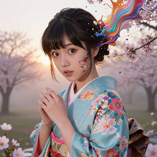 Photograph-style digital artwork of an Asian woman in a blue floral kimono, with colorful splashes on her face, in a cherry blossom garden at