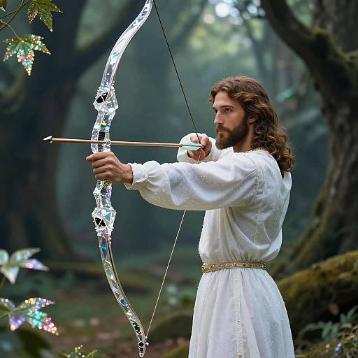 Photograph of a bearded, long-haired man with a white robe, drawing a crystal-tipped bow in a misty forest.