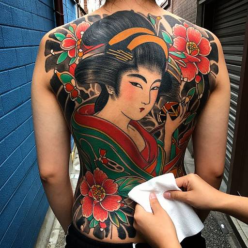Photograph of a person with a large, colorful Japanese-style tattoo of a traditional geisha with flowers on their back, being touched by a hand holding