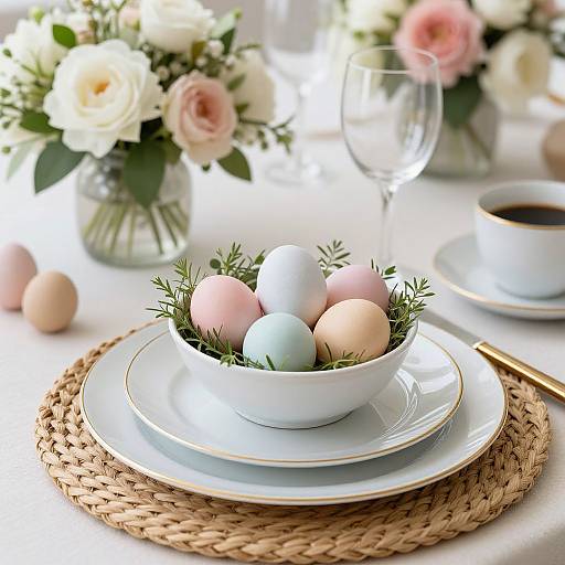 Elegant Easter Table Setting with Pastel Eggs