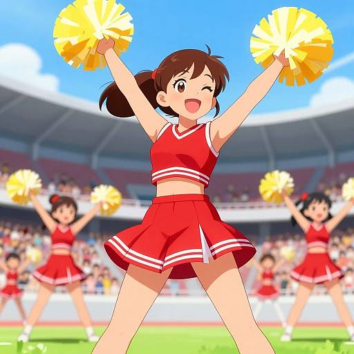 Anime-style digital drawing of a cheerful brown-haired cheerleader in a red outfit with yellow pom-poms, standing in a stadium.