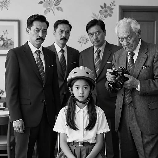 Black-and-White Portrait of Intense Group with Girl Wearing Helmet