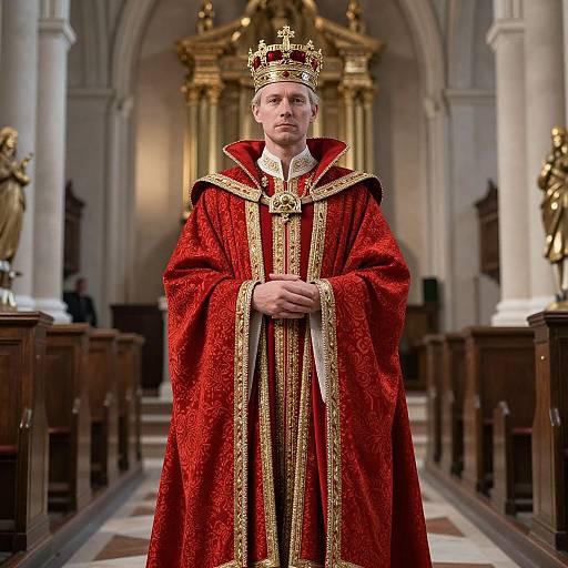 Photograph of a serious, fair-skinned man in a red, gold-embroidered royal robe and crown, standing in an ornate,