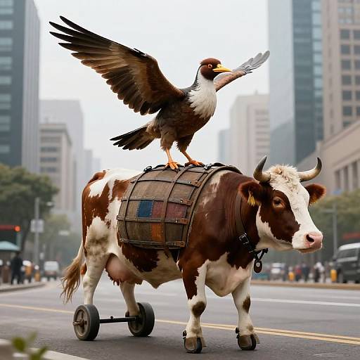 Photograph of a brown and white cow pulling a cart, with a large bird perched on its back, in a city street with tall buildings and
