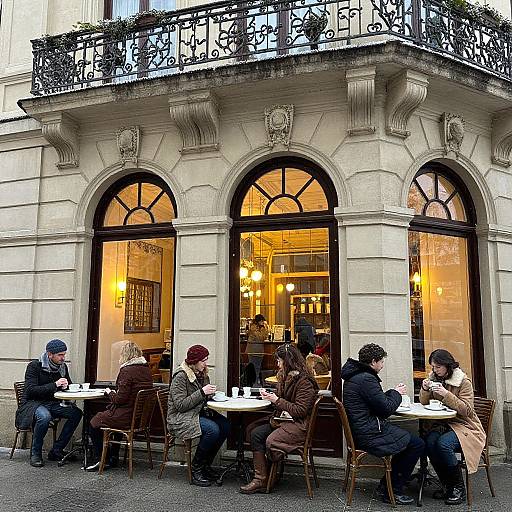 Photograph of a Parisian café with arched windows, ornate balcony, and six patrons in winter clothing sitting at small tables, enjoying tea and