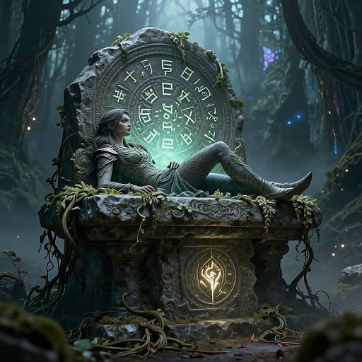 Digital artwork of a mysterious woman in futuristic armor, reclining on a moss-covered, ancient stone throne with glowing runes in a misty, enchanted forest