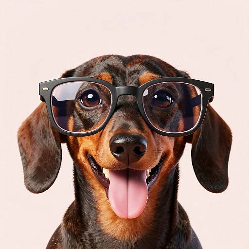 Photograph of a happy black and tan dachshund with large, black, oversized glasses and tongue out, against a white background.