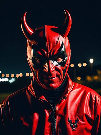 Man in Red Devil Costume at Night