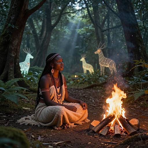 Photograph: African woman with braids, beaded jewelry, and traditional attire, sitting by a campfire in a forest at dusk, surrounded by