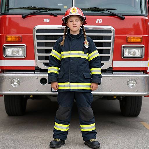 Photograph of a young girl with braided hair, wearing a black firefighter uniform and helmet, standing in front of a red fire truck.