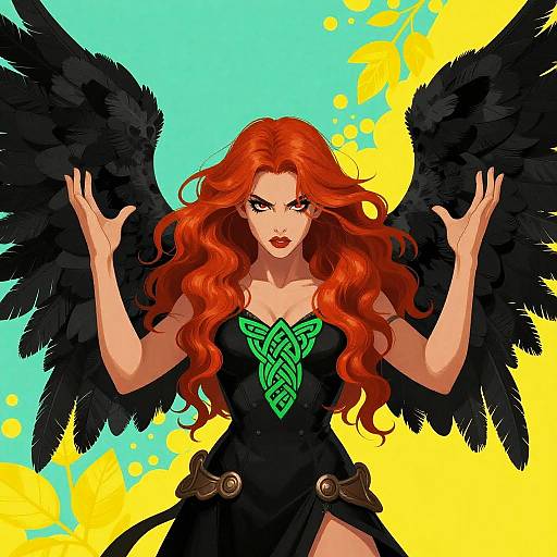 Fierce Red-Haired Fantasy Woman with Black Wings