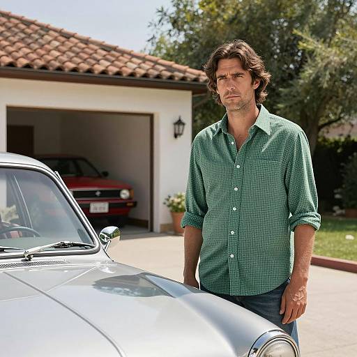 Man Beside Vintage Car in Driveway