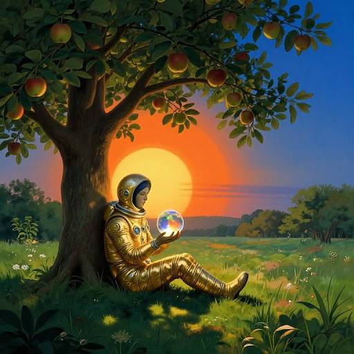 Surreal Sunlit Garden with Golden Astronaut