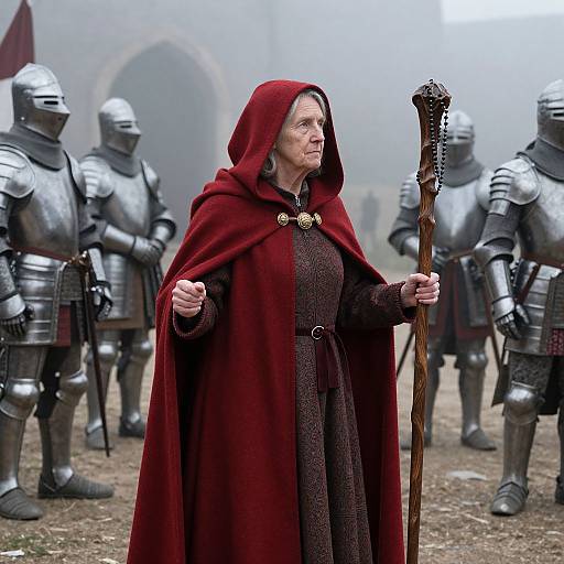 Photograph of an elderly woman in a red hooded cloak, holding a staff, standing among armored knights in a misty, medieval setting.