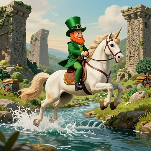Digital illustration of a red-bearded leprechaun in a green coat and top hat riding a white unicorn through a splashing stream, surrounded by