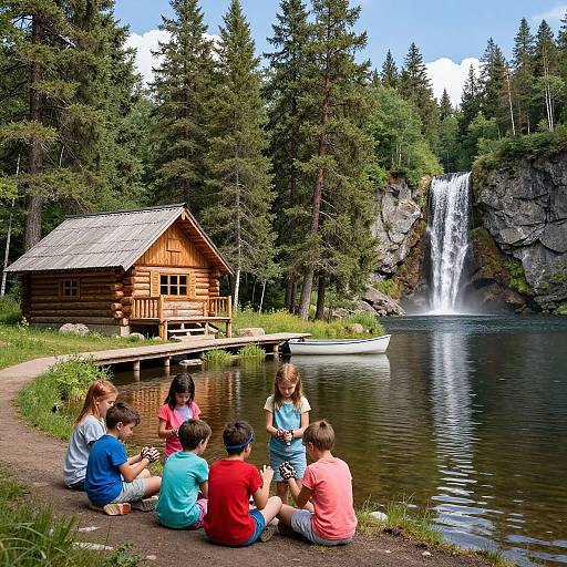 Photograph of six children sitting on a grassy riverbank, watching a wooden cabin by a waterfall in a forest.