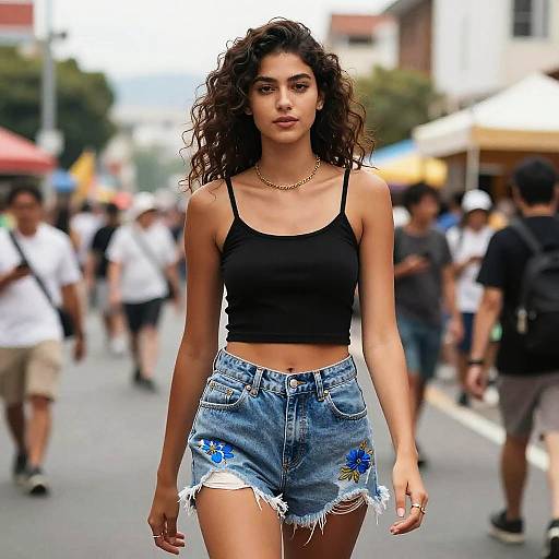Photograph of a curly-haired woman with tan skin, wearing a black crop top and denim shorts with blue flower embroidery, walking confidently on a busy street