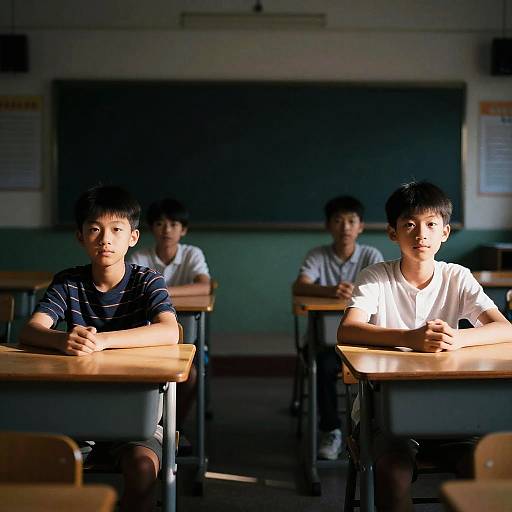 Photograph of four Asian boys in a dimly lit classroom, sitting at wooden desks, with a blackboard in the background. Sunlight highlights the