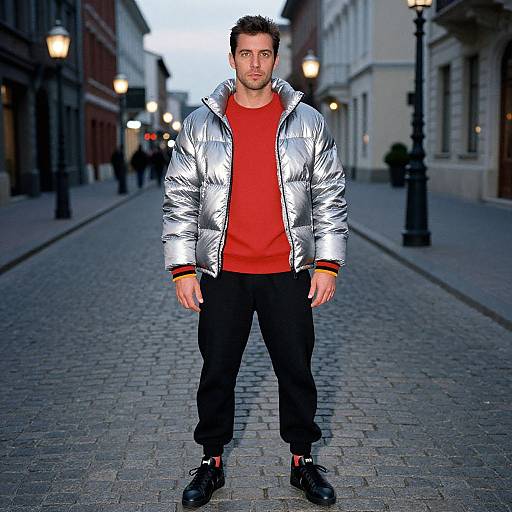Photograph of a bearded man in a silver puffer jacket, red shirt, black pants, and black shoes, standing on a cobblestone