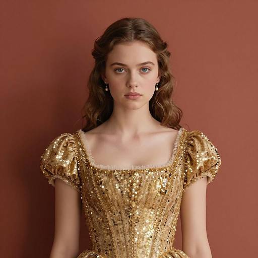 Young Woman in Golden Sequined Puff Sleeve Dress