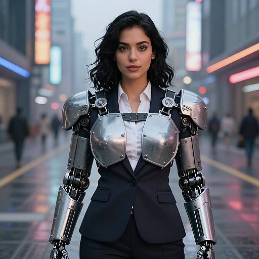 Cyborg woman with metallic shoulders and arms in a black suit, white shirt, stands confidently in a neon-lit city street. Digital art.