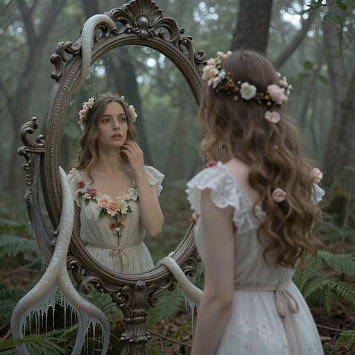 Photograph of a fair-skinned woman with long brown hair, wearing a white lace dress adorned with flower crown, standing in a forest, gazing