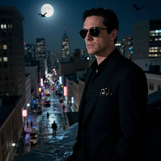 Photograph: Cool-toned night cityscape with full moon, dark-suited man in sunglasses, standing on rooftop, distant streetlights and buildings.