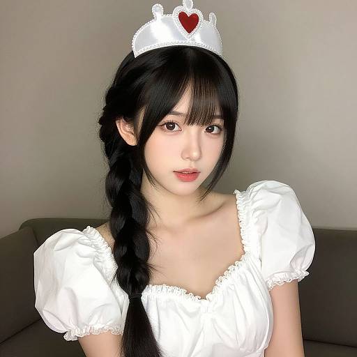 Photograph of an East Asian woman with long black hair in a braid, wearing a white puffy-sleeved dress and a white crown with