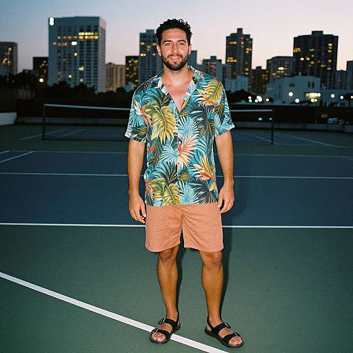 Man in Tropical Shirt on Urban Rooftop Tennis Court