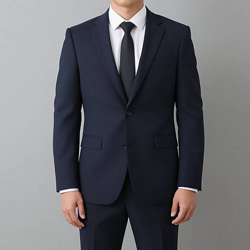 Photograph of a man from neck to waist in a black suit, white shirt, and black tie, standing against a plain light gray background.