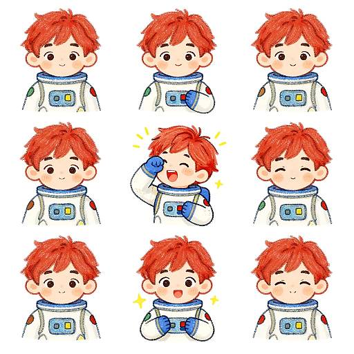 Colorful digital illustration of a cute red-haired boy in a white astronaut suit with blue details, expressing various emotions in a 3x3 grid.