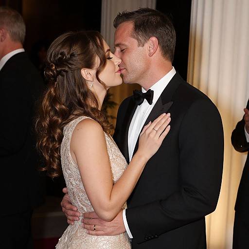 Photograph of a man and woman in formal attire, kissing passionately at an event. He wears a black tuxedo, she wears a white lace