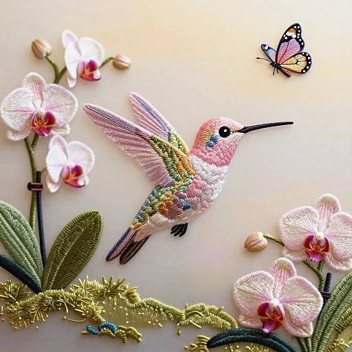 Delicate Silk Embroidered Hummingbird