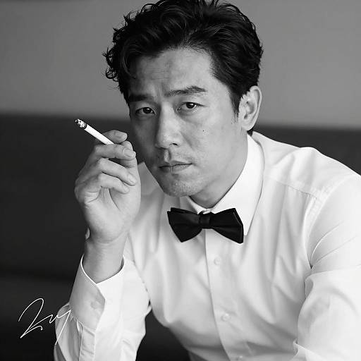 Serious Man in Bow Tie Smoking Cigarette