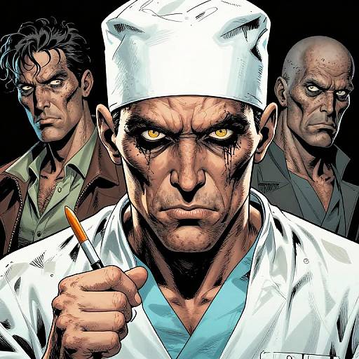 Digital comic art of intense man in white chef hat and coat, holding syringe, with two stern men in background.