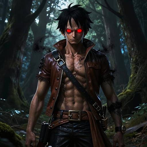 Black Luffy in Dark Forest with Glowing Red Eyes