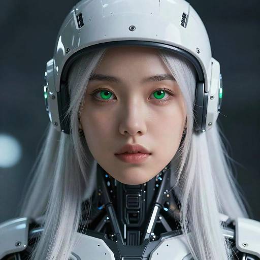 White-Haired Asian Cyborg Girl Portrait